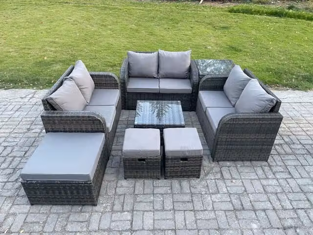 Fimous 9 Seater Grey Rattan Garden Furniture Set with U-Shape Sofa, Coffee Table and Ottomans