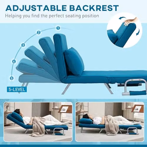 HOMCOM Blue Microfibre Click Clack Convertible Single Chair Bed with Metal Frame and Armrests – 4