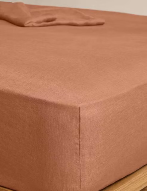 M&S Pure Linen Deep Fitted Sheet, Dark Camel, W/D/H: 140 x 200 cm