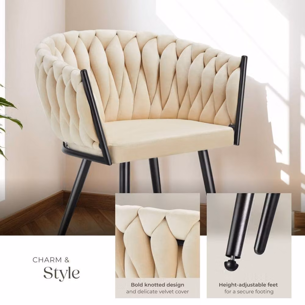 tectake Astano Dining Chair Set of 6 in Light Sand Velvet with Black Metal Frame – 3