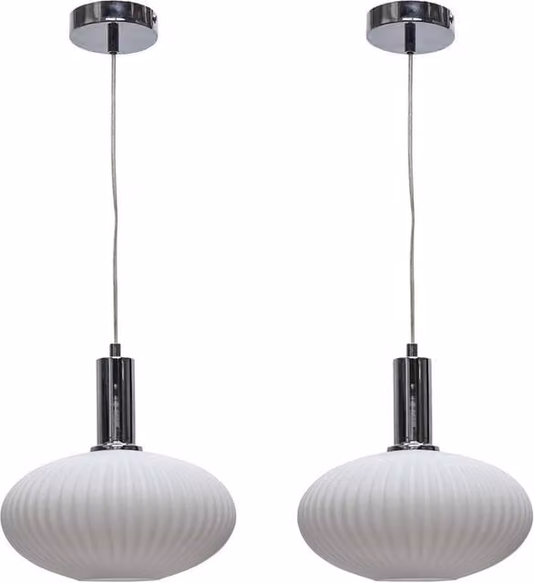 First Choice Lighting Set of 2 Baton Deco Pendant Lights with White Ribbed Oval Glass and Chrome Finish