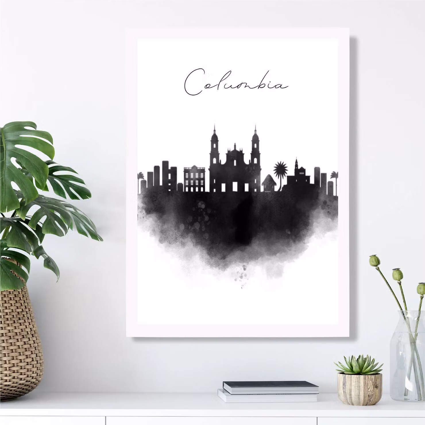 ARTZE Columbia Watercolour Skyline City Framed Print in Black with White Frame, A2 – 2