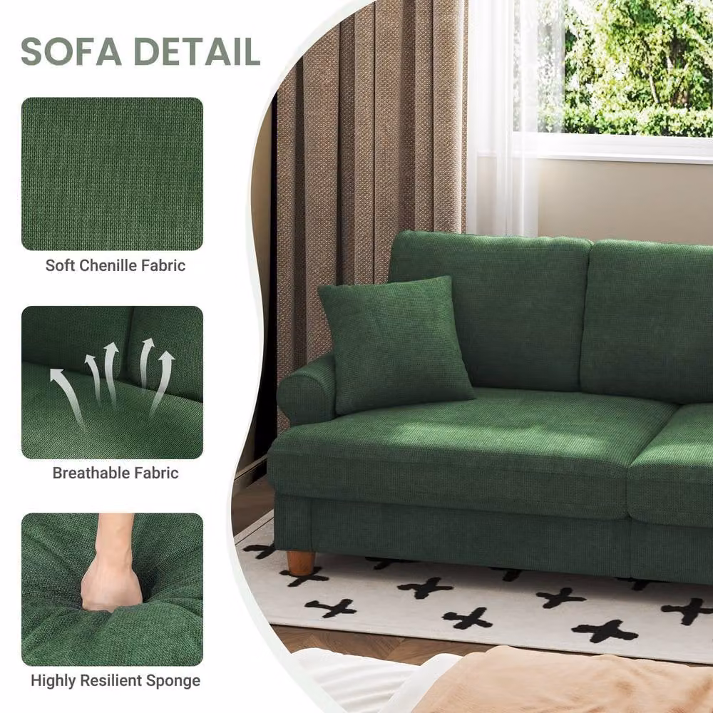 Dprodo Green Chenille Sofa Sleeper with Deep Seats and Scatter Cushions, W: 220 cm, H: 86.5 cm, D: 52 cm – 5