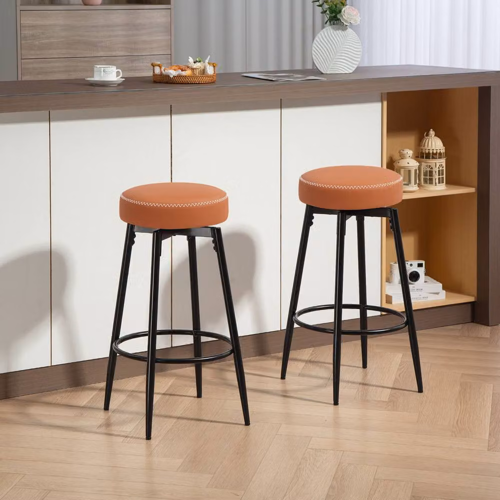 STILVORA Set of 2 Modern Swivel Bar Stools with Brown Faux Leather and Metal Frame – 2
