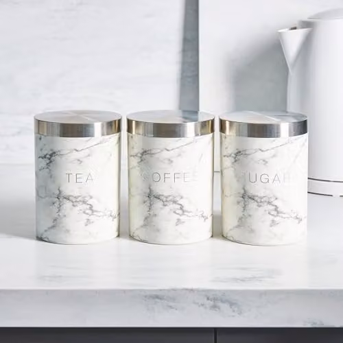 OHS Set of 3 Airtight Stainless Steel Tea, Coffee and Sugar Canisters in White Marble Design