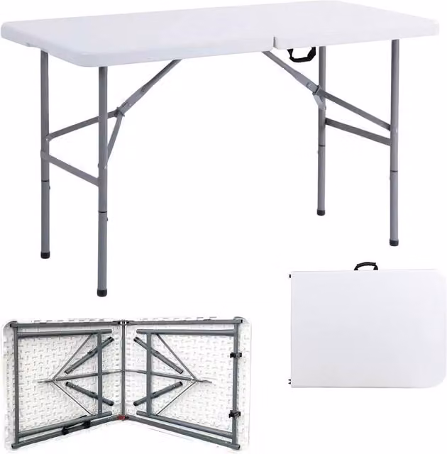 Kelvenix White Foldable Rectangular Table with Plastic Top and Metal Legs