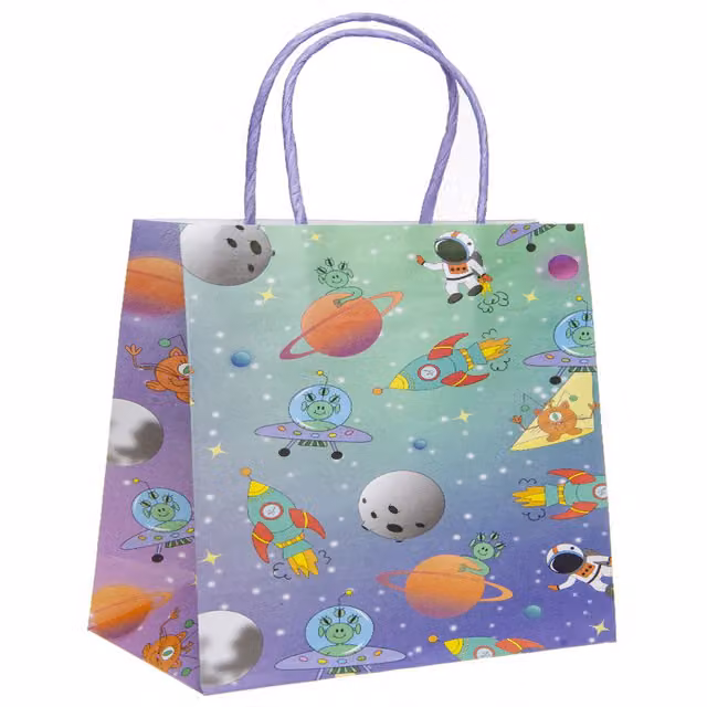 LG-Imports Pack of 12 White and Multicolour Space Design Paper Gift Bags for Children