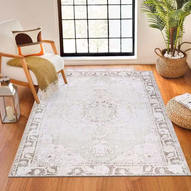 Livabliss Rainier Washable Traditional Vintage Living Room Rug in Grey, Brown, Green and Beige, W: 160 cm, L: 220 cm – 1