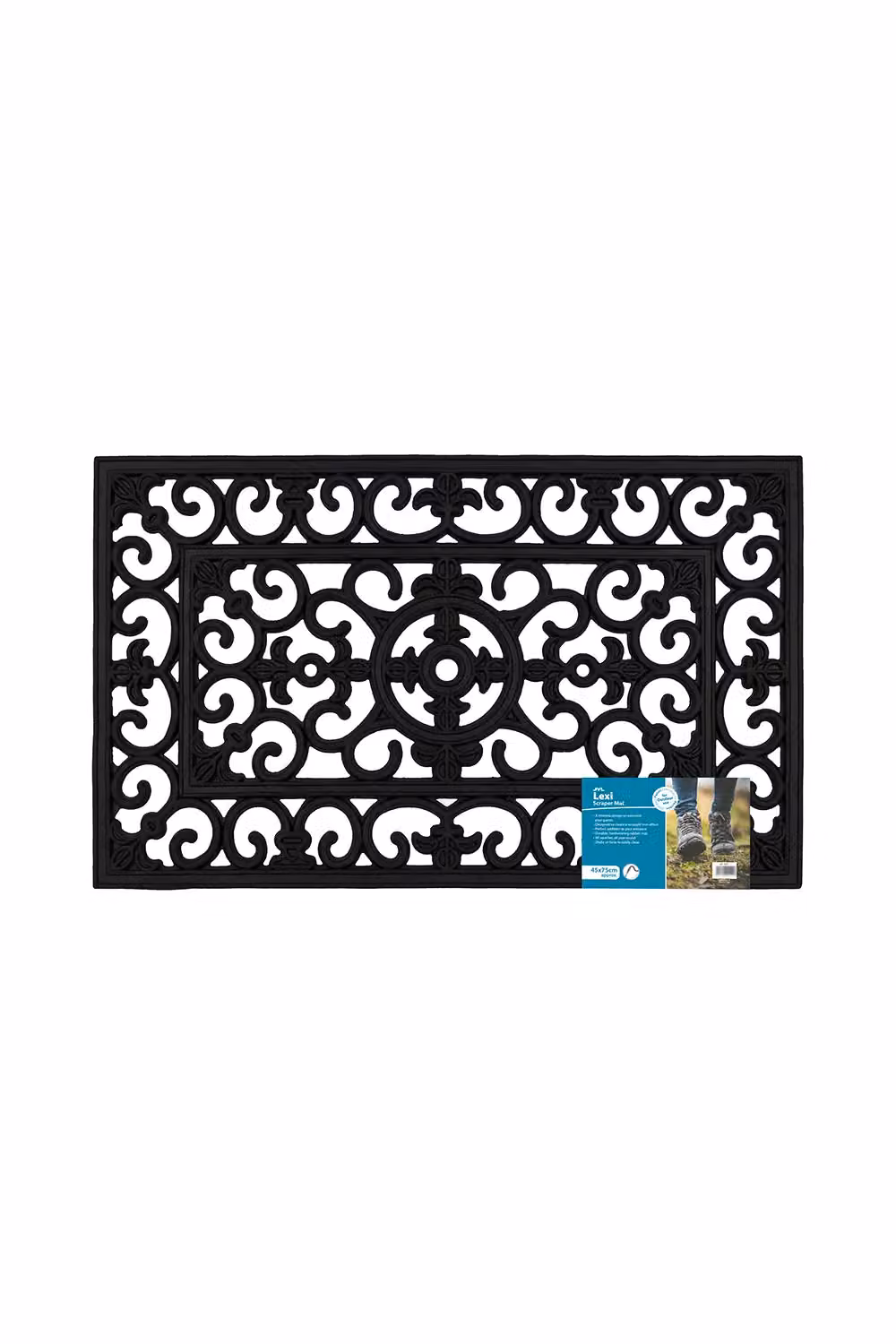 JVL Lexi Wrought Iron Effect Rubber Door Mat and Patio Mat Set in Black, W: 45 cm, L: 120 cm – 2