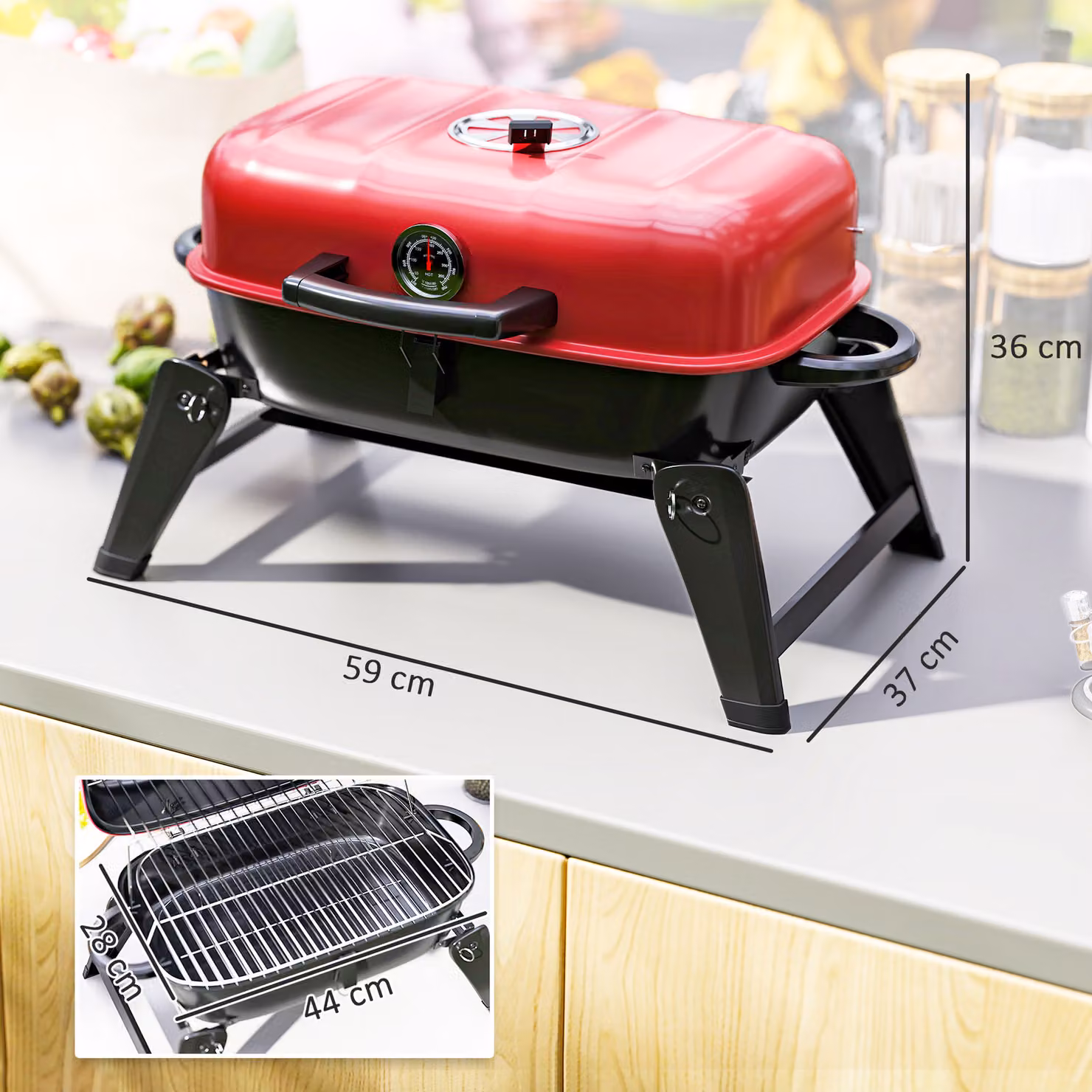 Outsunny Red Charcoal Tabletop BBQ Grill with 1232 cm² Cooking Area, Thermometer and Warming Rack, W/D/H: 59 x 37 x 36 cm – 3