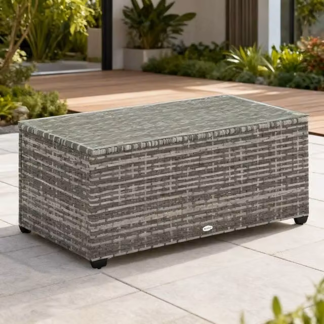 ERGOVEXA Modern Glass-Top Rattan Side Table in Light Grey, W: 90 cm, D: 50 cm, H: 38 cm