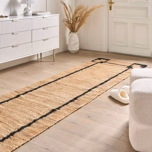 Wyld and Coco Handwoven Beige and Black Jute and Cotton Striped Rectangular Runner Rug W: 80 cm, L: 300 cm – 1
