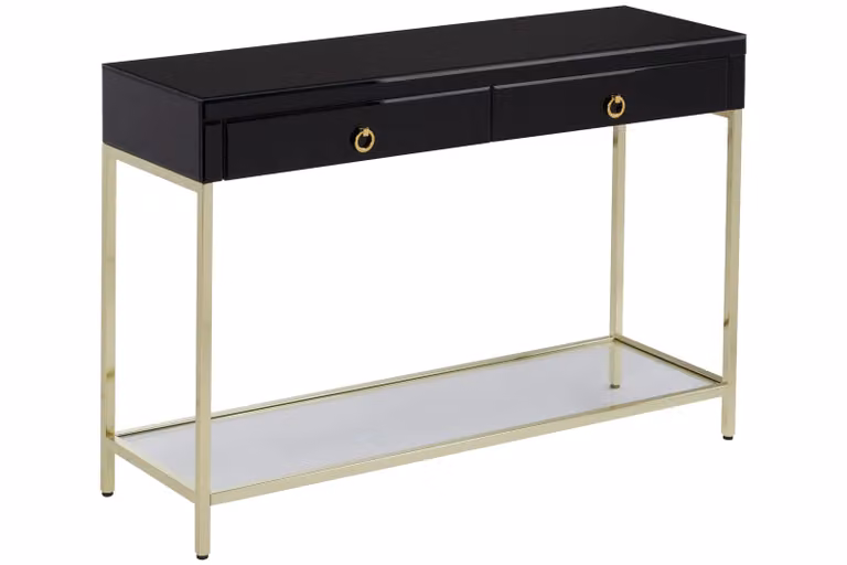 Orsina Glamorous Gold Finish Console Table with Black Glass Shelf