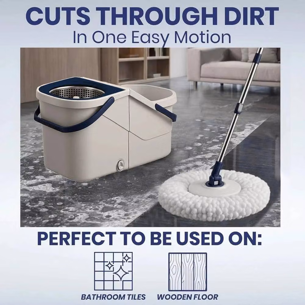 FLAVORA Cream and White Microfibre Spin Mop and Bucket Set with Wringer – 5