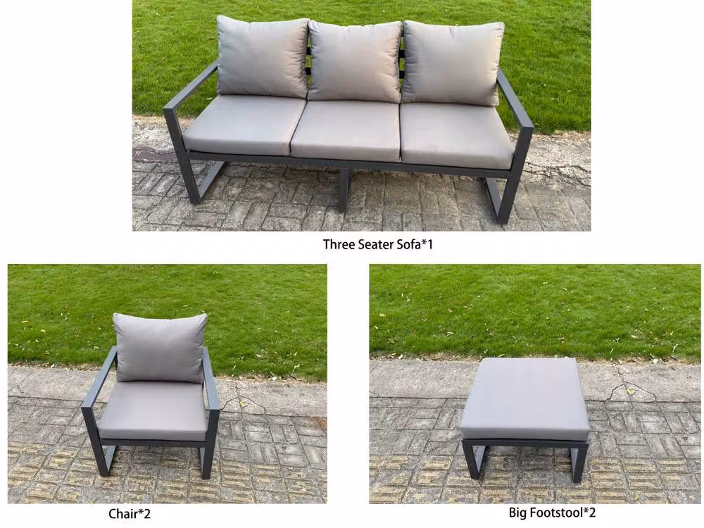 Fimous 6-Piece Powder Coated Aluminium Garden Sofa Set with Height Adjustable Lifting Table, 2 Chairs and 2 Stools in Matt Anthracite Grey – 2