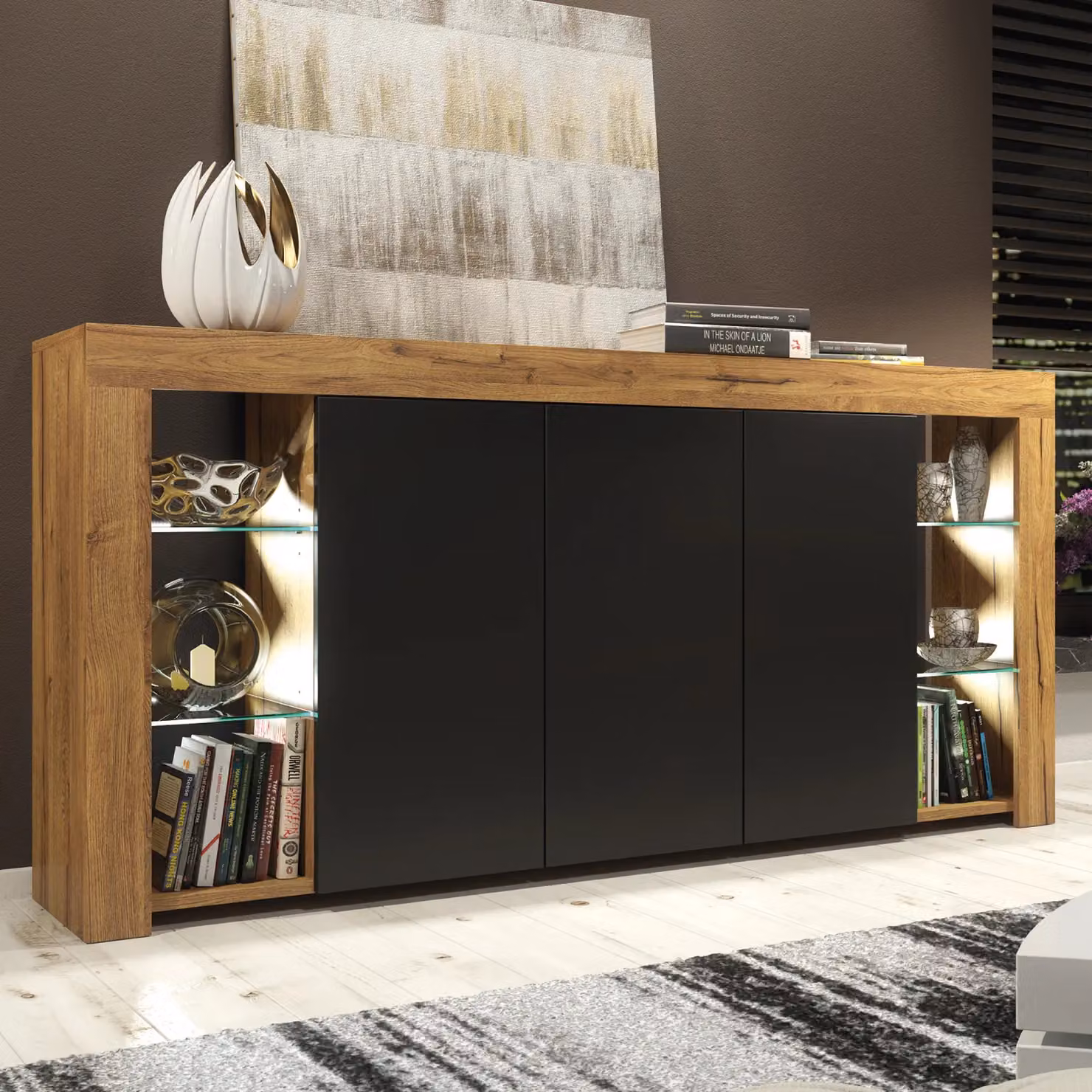 Mex Furniture LTD Modern Brown Sideboard with Matt Doors and Integrated LED Lighting, W: 164 cm, H: 83 cm, D: 35 cm – 4