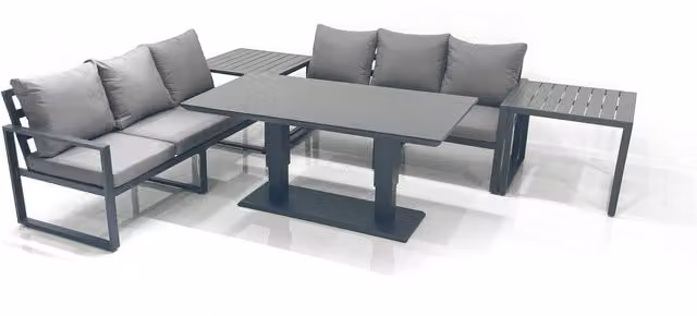 Fimous 6 Seater Aluminium Outdoor Garden Furniture Set in Dark Grey with Adjustable Rising Lifting Dining Table, 3 Seater Sofa and 2 Side Tables