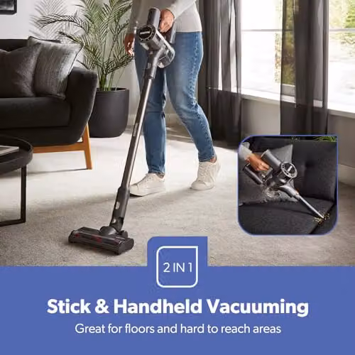 GEEPAS Black Cordless Vacuum Cleaner and Handheld Upright Stick with 160W Motor, 10kPa Suction, 40 Minute Runtime, LED Headlight and HEPA Filter – 3