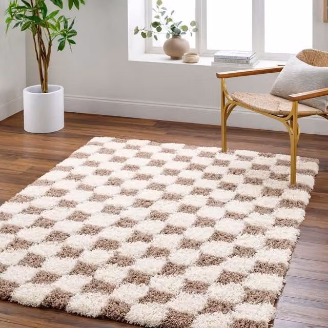Livabliss Urban Checkerboard Boho Plush Pile Living Room Rug in Brown, W/D/H: 80 x 220 cm – 1