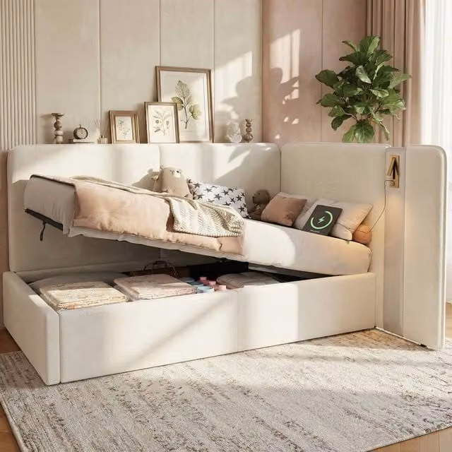 Rolipo Beige Velvet Single Daybed with Hydraulic Storage, USB Charging Port and Integrated Reading Light, W/D/H: 90 x 190 cm – 1