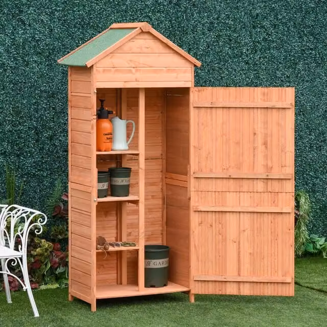 Outsunny Wooden Garden Tool Storage Cabinet in Teak Brown with Double Doors and Internal Shelving