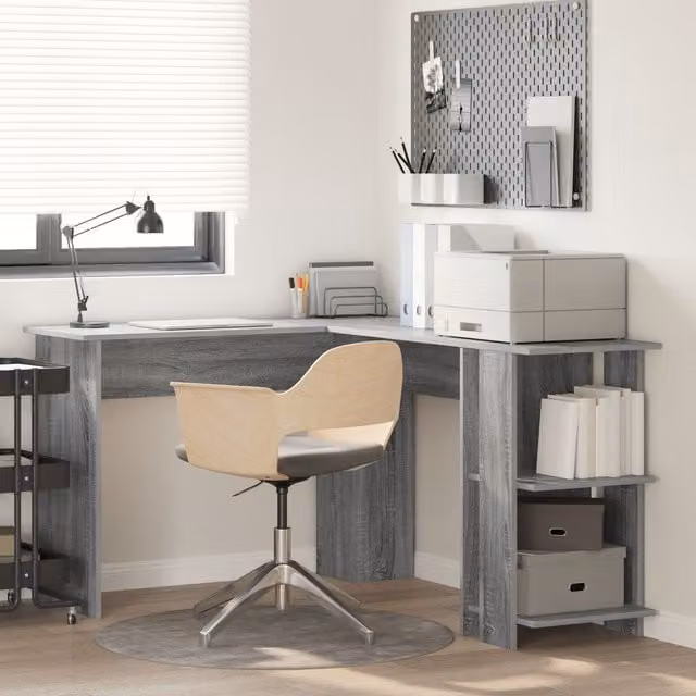 Berkfield Home Corner Desk with Storage in Grey Sonoma, W: 140 cm, D: 113.5 cm, H: 75 cm