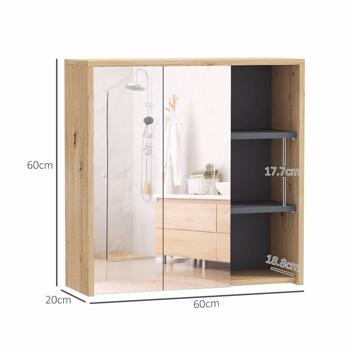 HOMCOM Wall Mounted Natural Bathroom Cabinet with Mirror and Internal Shelves – 3