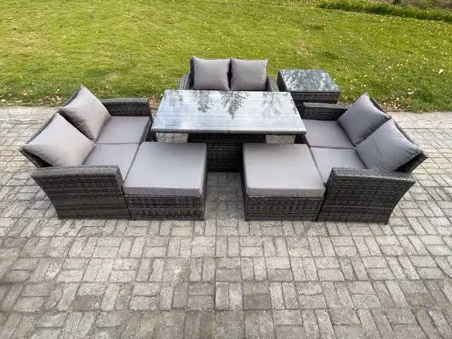 Fimous Dark Grey Wicker PE Rattan Garden Furniture Set with Height Adjustable Rising Lifting Table and 2 Large Footstools