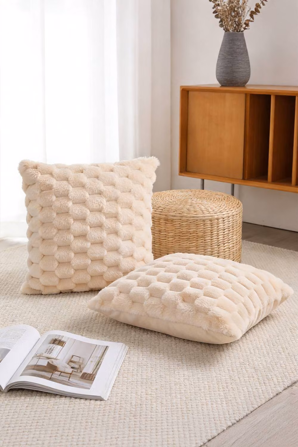 Living and Home 2Pcs Cozy Soft Plush Square Throw Pillow Cushion Covers in Beige – 2