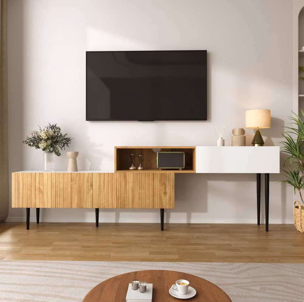 STILVORA Adjustable Modern TV Unit with Storage and 3 Flaps in Sand and White – 4