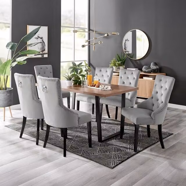 FurnitureboxUK Kylo Brown Wood Effect Rectangular Dining Table and 6 Grey Velvet Belgravia Chairs with Black Legs – 1