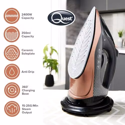 Quest Cordless Steam Iron with Ceramic Non-Stick Plate, 2400W, Rose Gold – 3