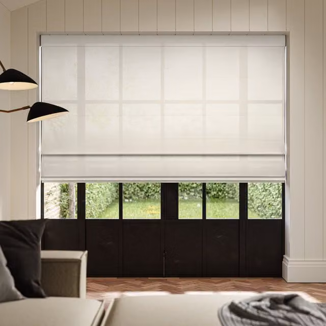 Ante Decor Karrika No Joins Sheer Made To Measure Roman Blind in Linen Beige and White