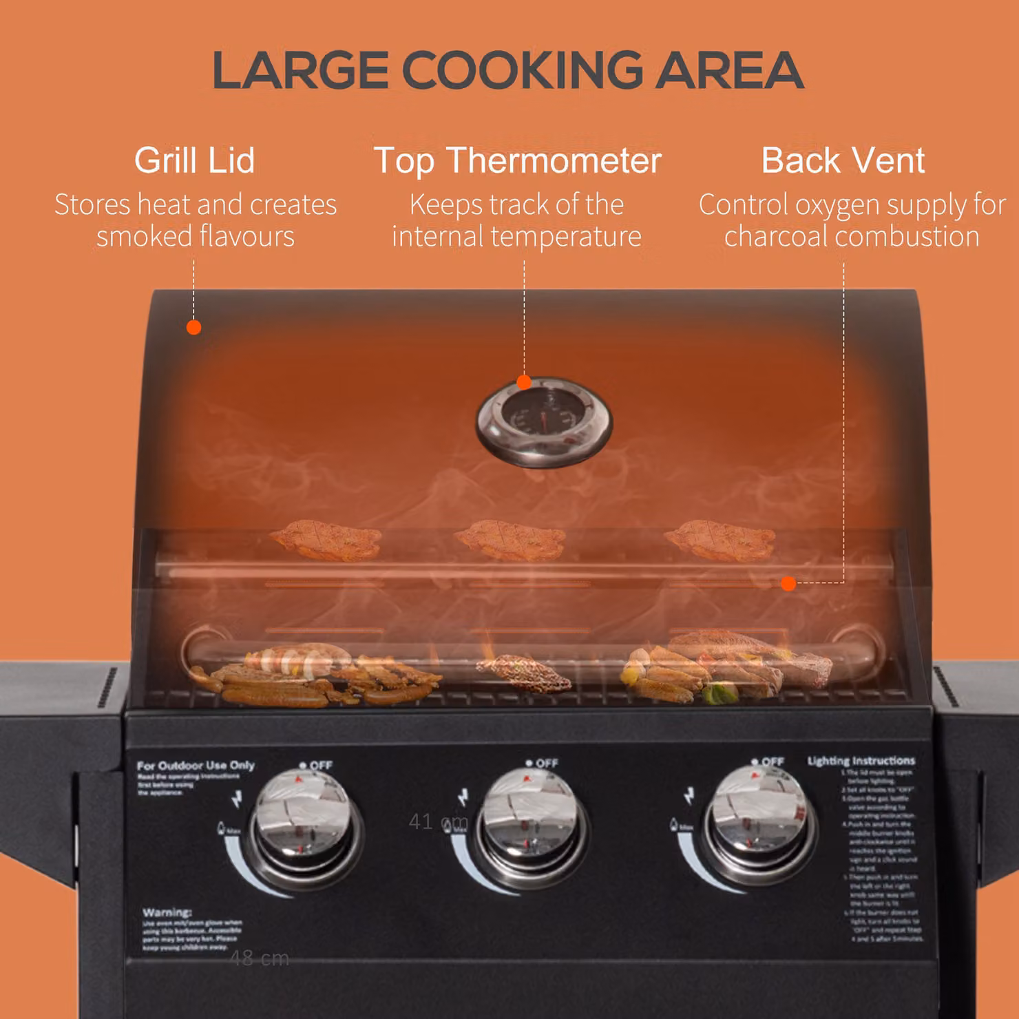 Outsunny 3 Burner Gas BBQ Grill Trolley in Black with Warming Rack, Thermometer and Storage Cabinet – 4