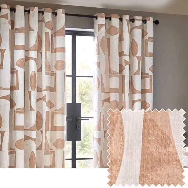 Make It A Home Carro Abstract Cotton Eyelet Curtains, Set of 2, Pink and Brown, W: 183 cm, H: 229 cm