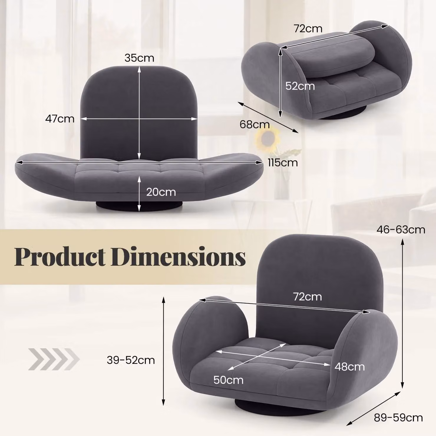 Gymax Grey Swivel Floor Sofa Chair, Adjustable Folding Gaming Recliner with Armrests – 2