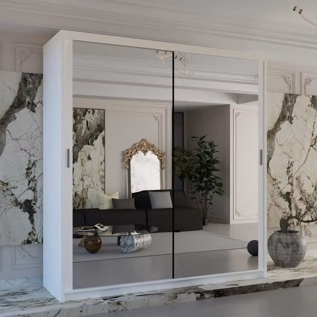 Sliding Wardrobes 4U Double Mirror Sliding Wardrobe with LED Light, White, W: 100 cm, H: 217 cm, D: 62 cm – 1