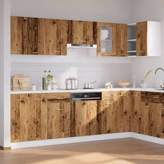 Berkfield Home Elegant 11 Piece Kitchen Cabinet Set in Brown Old Wood with Glass Doors and Drawers – 1