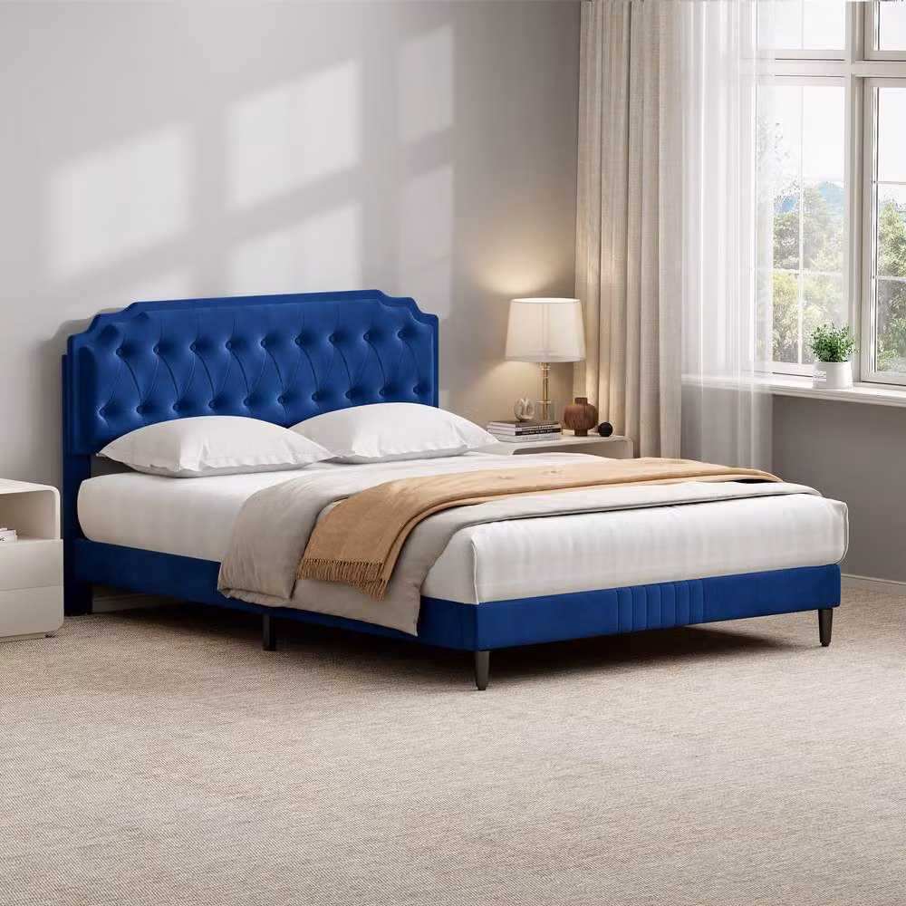 MCC Direct Chelsey Double Velvet Upholstered Bed Frame in Blue, W/D/H: 141 x 200 x 115 cm – 8