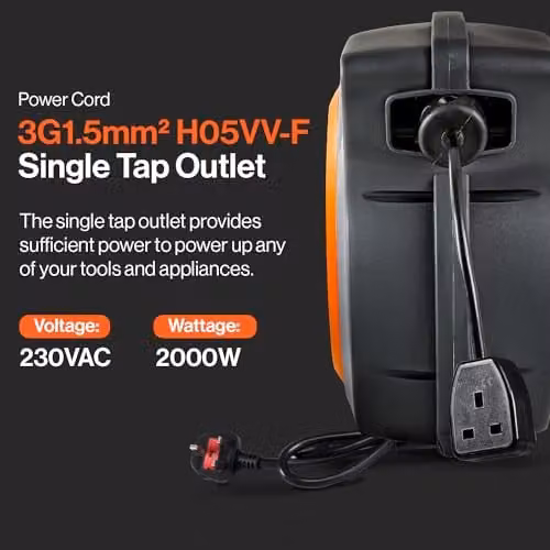 Superhandy Retractable Extension Cable Reel, 15m, 3G1.5mm2, Grey – 2