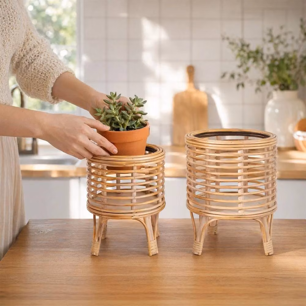 Kelvenix L Rattan Floor Planter Stand with Handle in Brown – 2