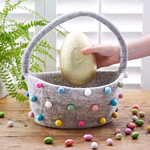 Paper High Felt Pom Pom Storage Basket with Handles in Grey