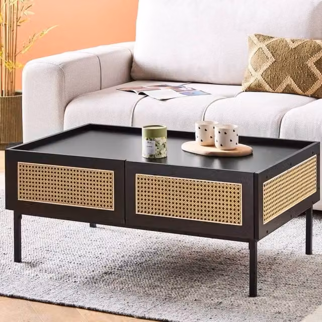 Wyld and Coco Viennese Braid Coffee Table in Black with Wood Top, Iron and Rattan Drawers, W/D/H: 97 x 57 x 42 cm