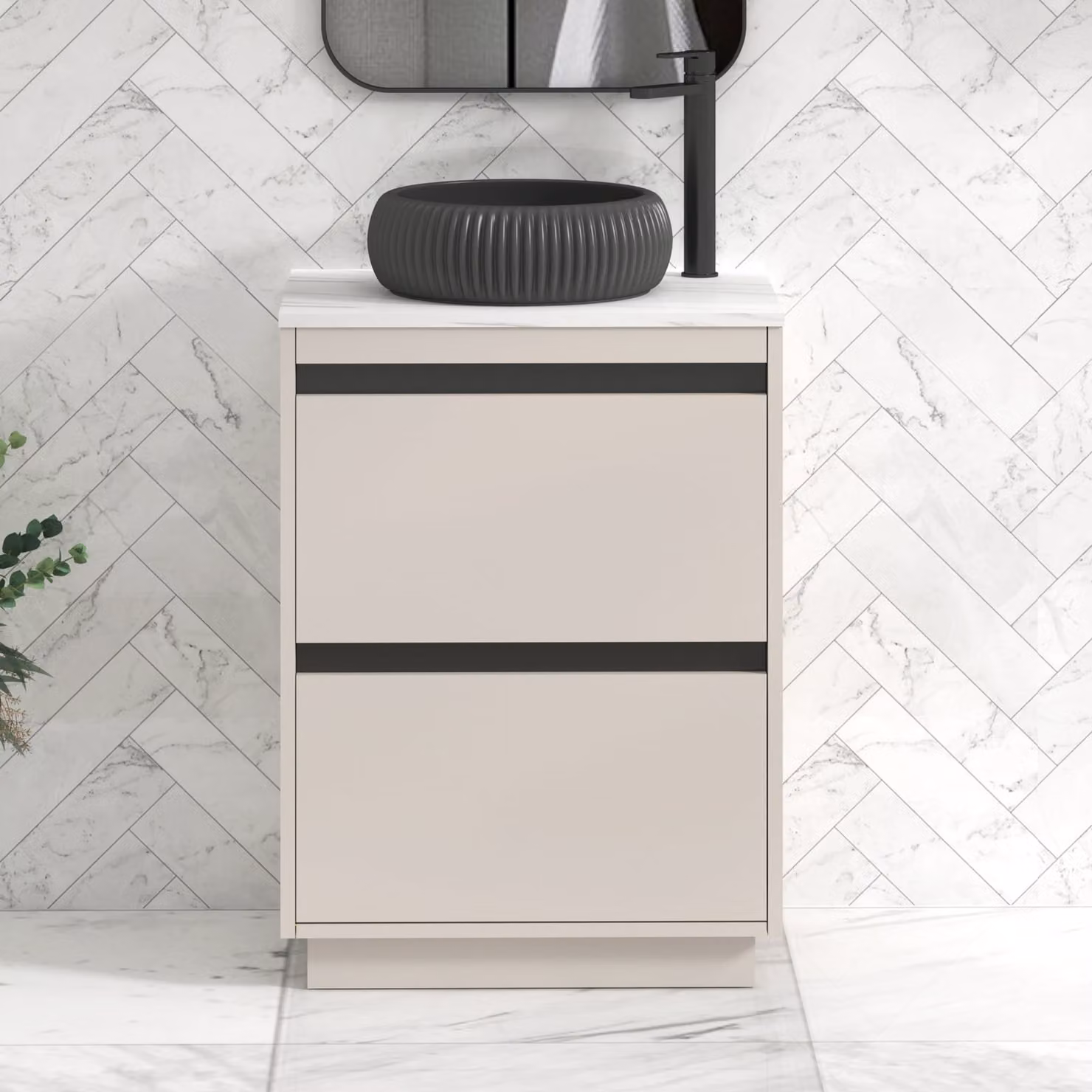 Royal Bathrooms Orion 600mm Warm Taupe Floor Standing 2 Drawer Vanity Unit with Milan Black Basin and Black Accent Trim