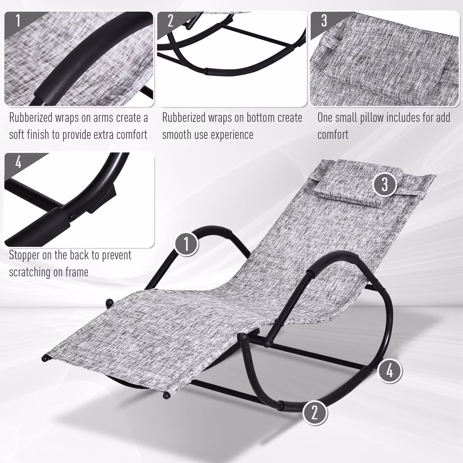Outsunny Grey Textilene Zero Gravity Rocking Lounge Chair with Padded Pillow and Adjustable Headrest – 3