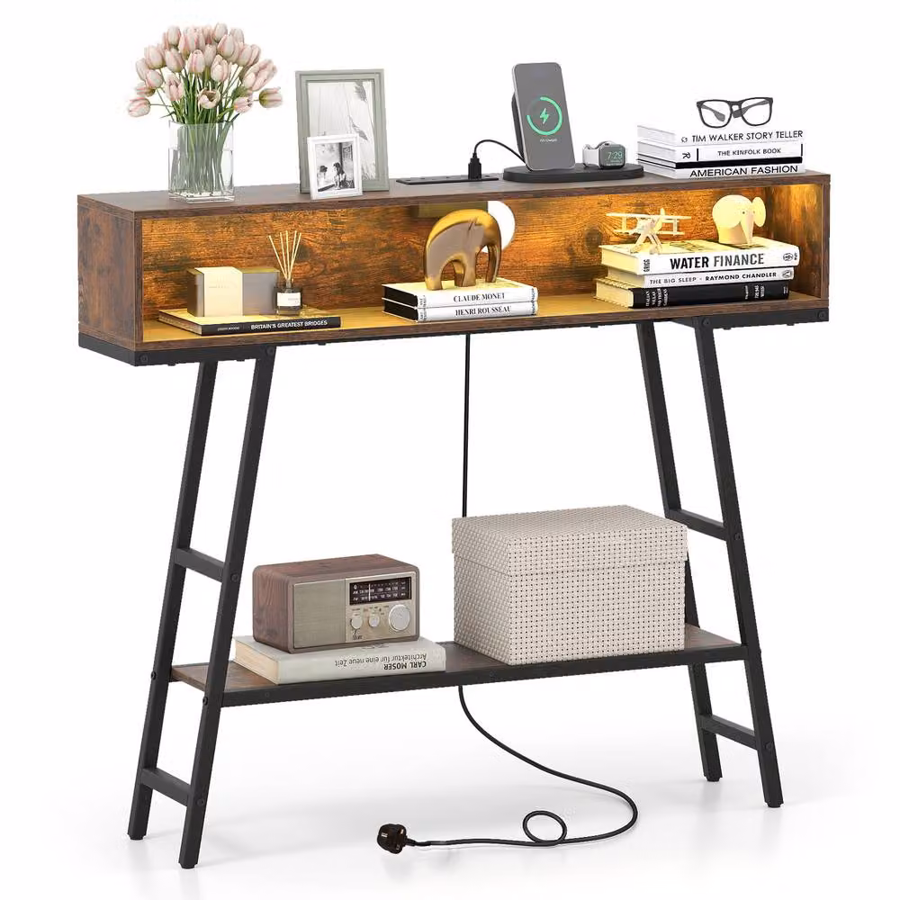 Costway 3-Tier Industrial Console Table with LED Light in Brown – 7