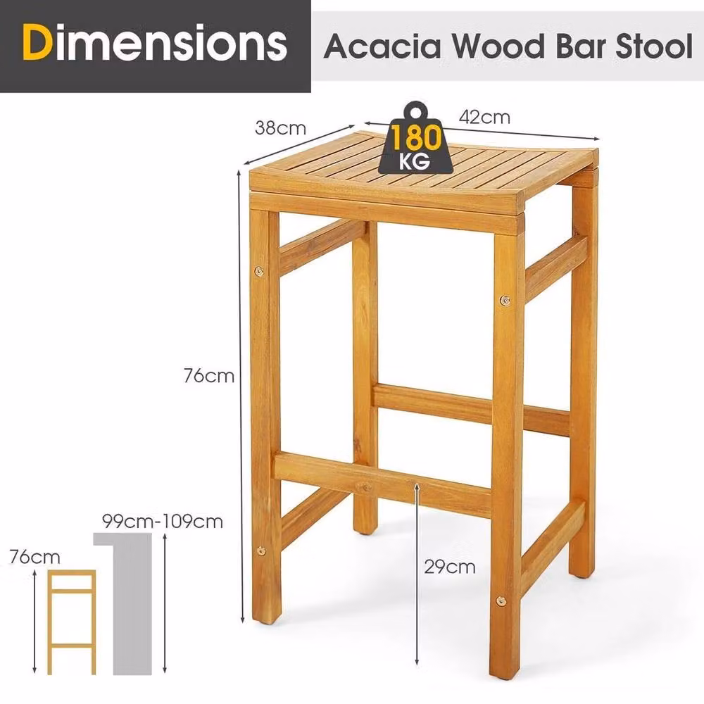 EONLION Set of 2 Brown Acacia Wood Outdoor Bar Stools for Patio and Terrace, Height: 76 cm, Width: 100 cm – 2