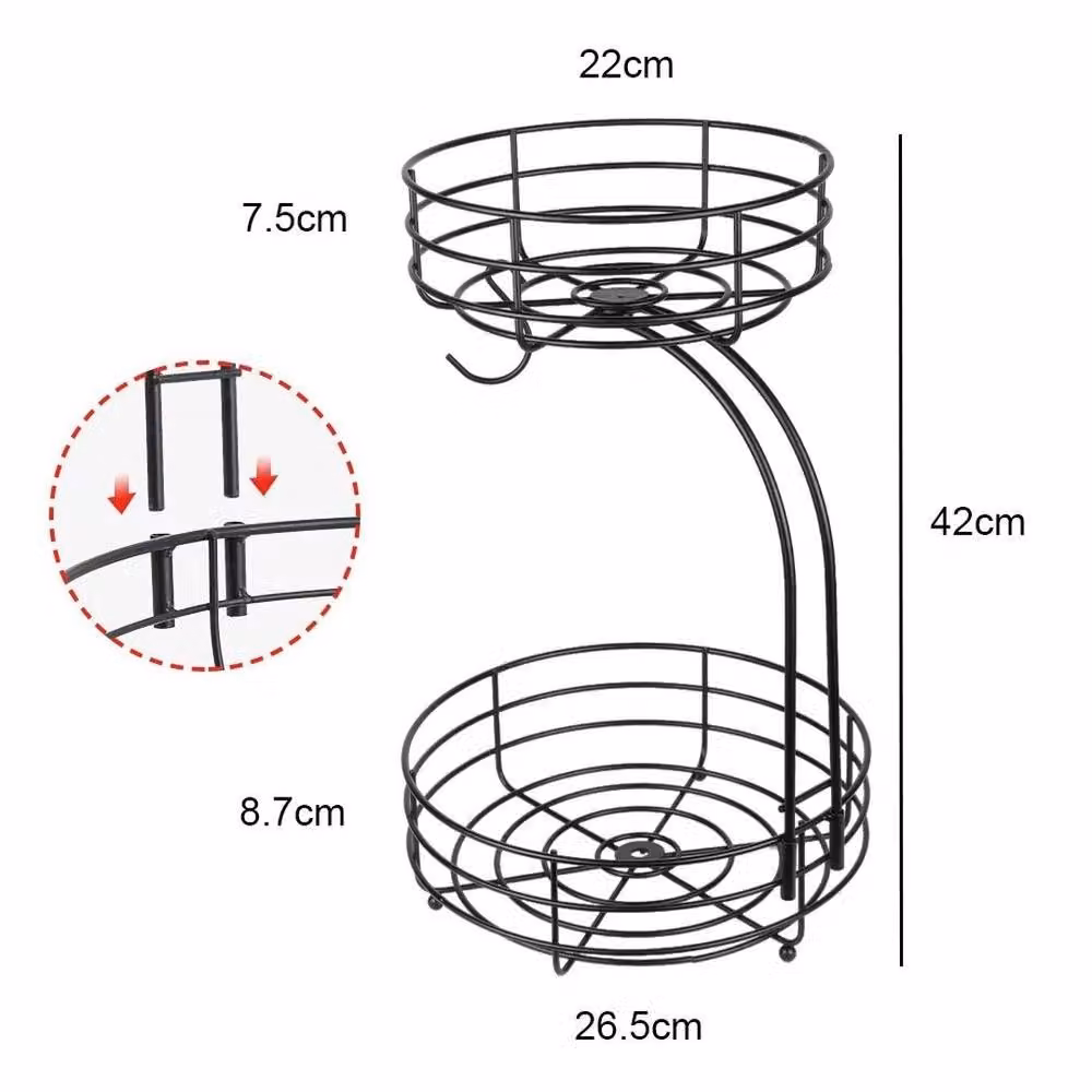 FLAVORA 2 Tier Metal Fruit Basket Stand with Banana Hanger in Black – 2