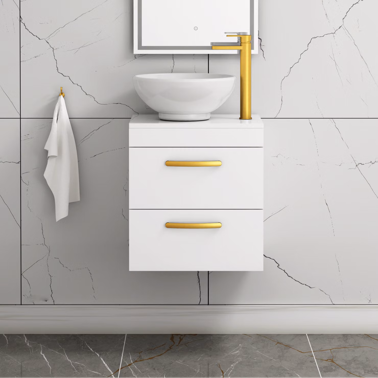 Royal Bathrooms 500mm Wall Hung Gloss White 2 Drawer Vanity Unit with Breeze Countertop Basin and Brushed Brass Handle