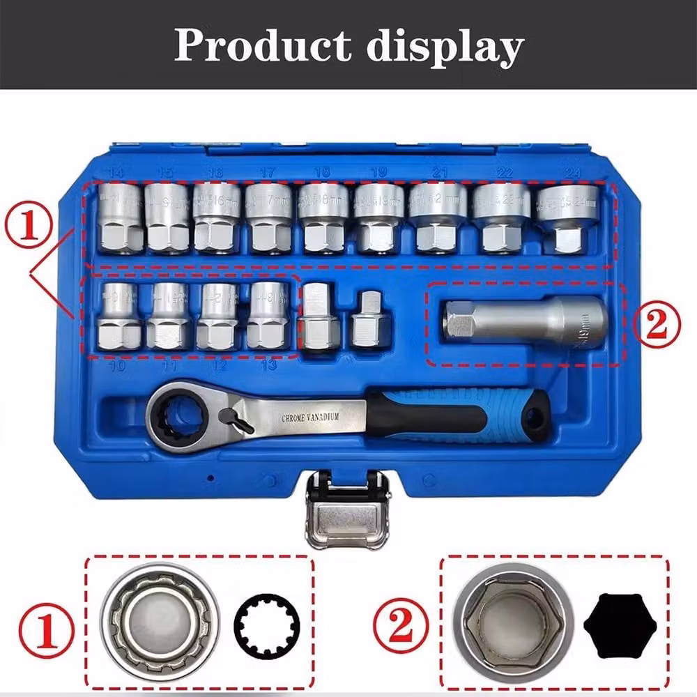 Kelvenix 17-Piece Metric Go-Thru Socket Set with 3/8" and 1/2" Adaptors and Ratchet in Silver – 4